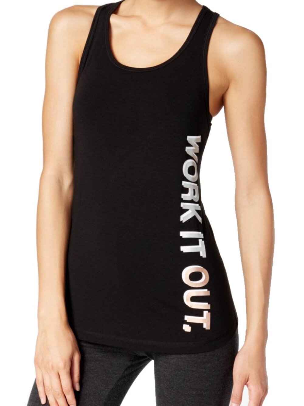 Ideology Womens Work It Out Metallic Slogan Tank Top